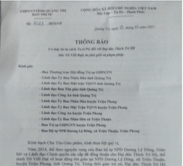 Ban Trị Sự PG Quảng Trị ra thông báo hủy bỏ tư cách Tu sĩ đối với Đại Đức Thích Trí Hộ( Tức Võ Viết Đạt)